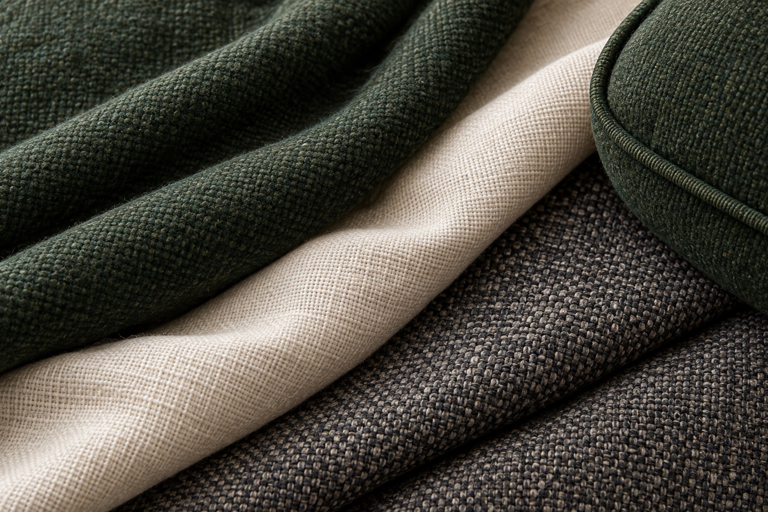 Illustrative forest wool, ivory linen and charcoal fabric folds